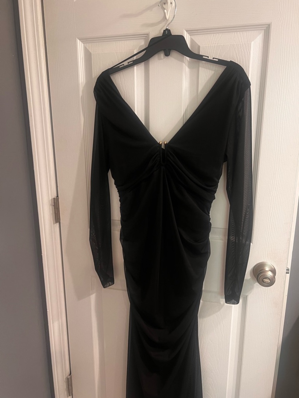 Anthropologie Black Long-Sleeve V-Neck Ruched Evening Dress